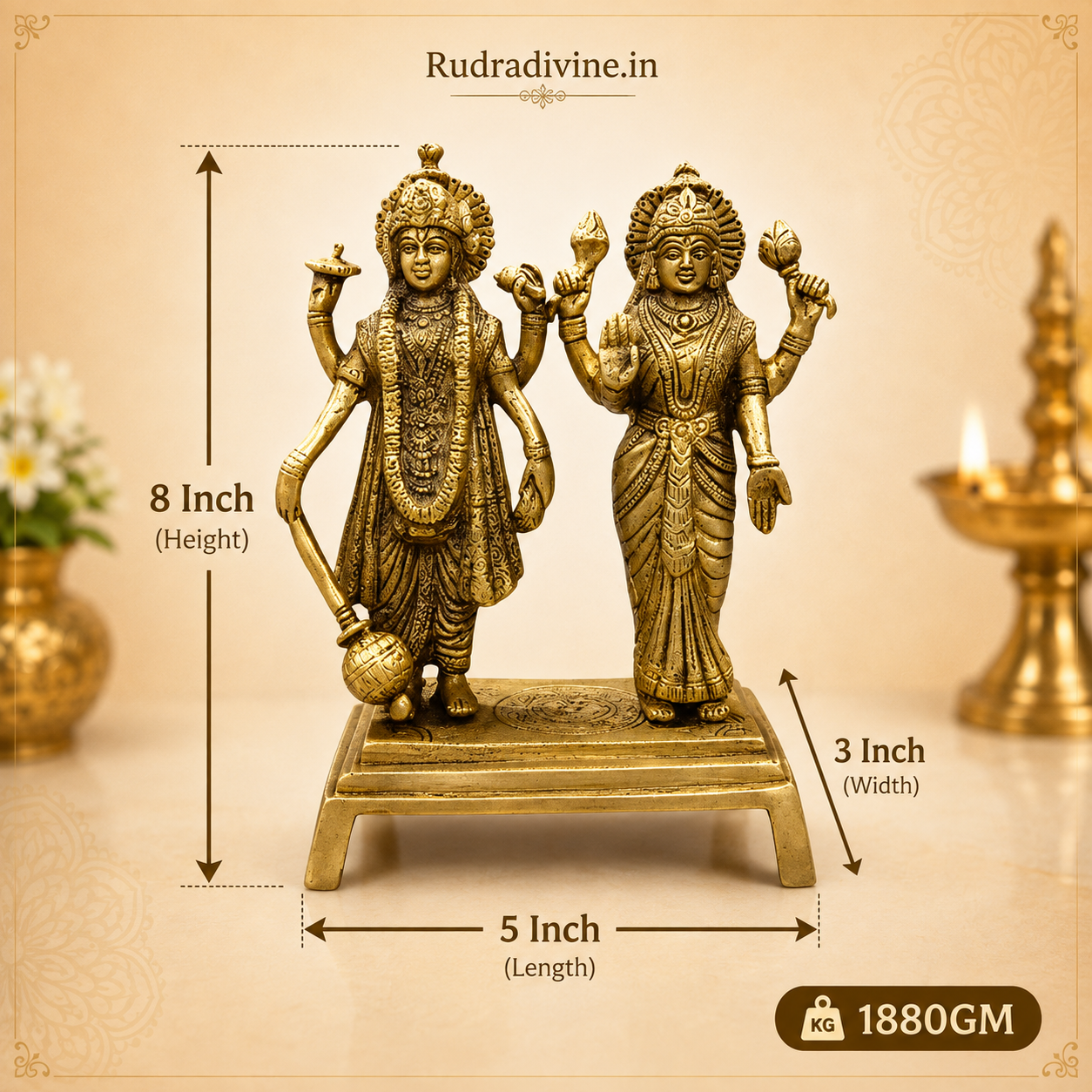 Lakshmi Narayan Standing Brass Idol handcrafted in premium brass with official Lab Certificate by Rudradivine for prosperity, divine blessings, home temple and daily pooja.