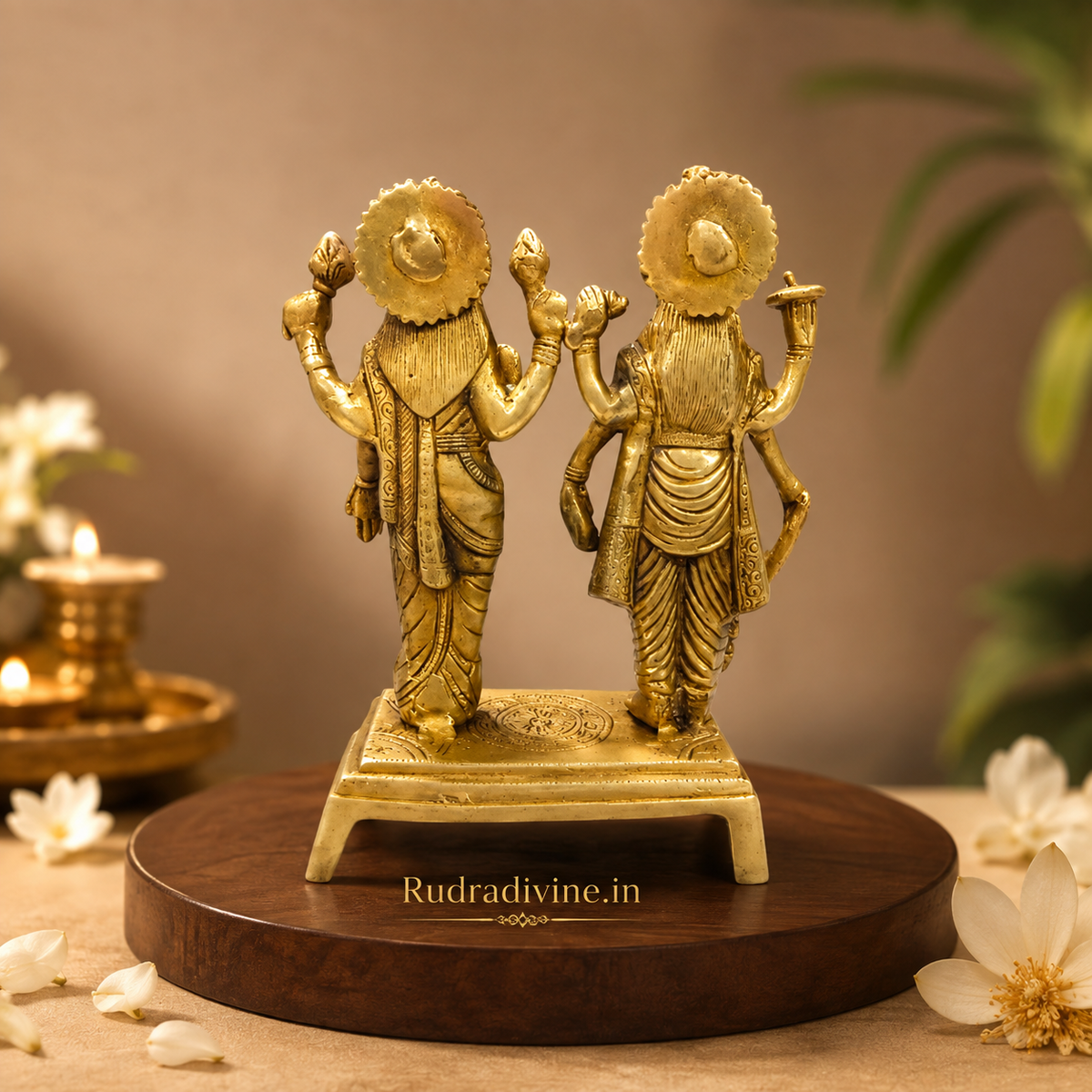 Lakshmi Narayan Standing Brass Idol handcrafted in premium brass with official Lab Certificate by Rudradivine for prosperity, divine blessings, home temple and daily pooja.