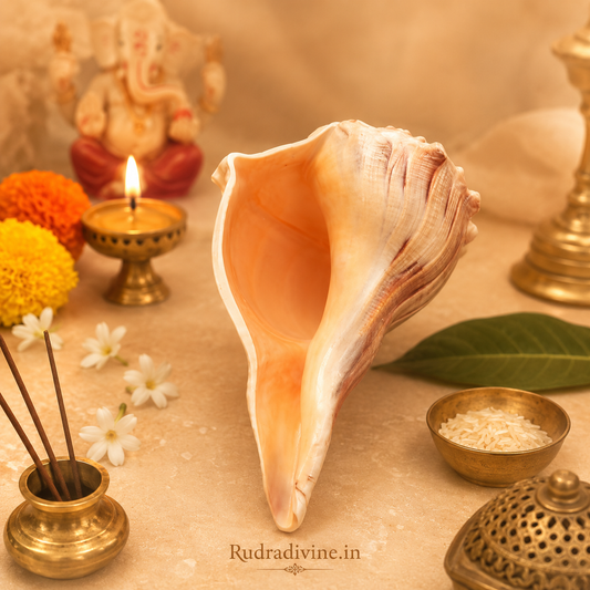 Natural Lakshmi Shankh of Goddess Lakshmi with official Lab Certificate by Rudradivine for wealth, prosperity, Vastu harmony, positive energy, and daily puja rituals.