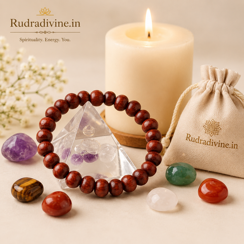 Lal Chandan (Red Sandalwood) Bracelet 8MM crafted with natural Red Sandalwood beads and official Lab Certificate by Rudradivine for meditation, devotion, inner peace, positive energy, and spiritual wellness.