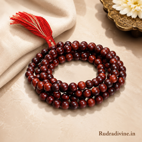 Lal Chandan (Red Sandalwood) Mala 108+1 Beads 8MM crafted from natural red sandalwood with official Lab Certificate by Rudradivine for meditation, mantra chanting and daily spiritual practice.