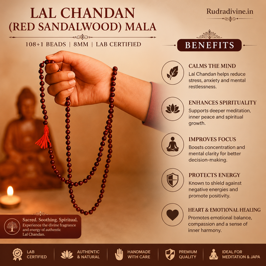 Lal Chandan (Red Sandalwood) Mala 108+1 Beads 8MM crafted from natural red sandalwood with official Lab Certificate by Rudradivine for meditation, mantra chanting and daily spiritual practice.