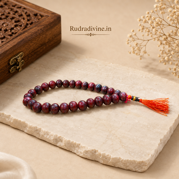 Lal Chandan (Red Sandalwood) Mala 27+1 Beads 8MM crafted from natural red sandalwood with official Lab Certificate by Rudradivine for meditation, prayer and daily spiritual practice.