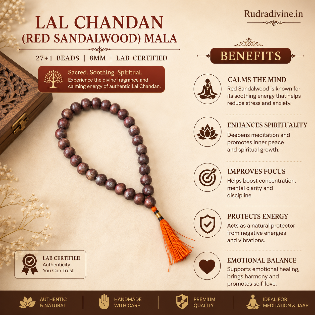 Lal Chandan (Red Sandalwood) Mala 27+1 Beads 8MM crafted from natural red sandalwood with official Lab Certificate by Rudradivine for meditation, prayer and daily spiritual practice.
