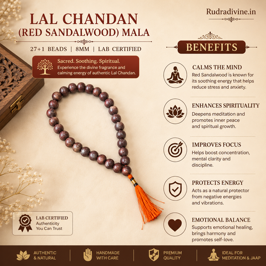 Lal Chandan (Red Sandalwood) Mala 27+1 Beads 8MM crafted from natural red sandalwood with official Lab Certificate by Rudradivine for meditation, prayer and daily spiritual practice.