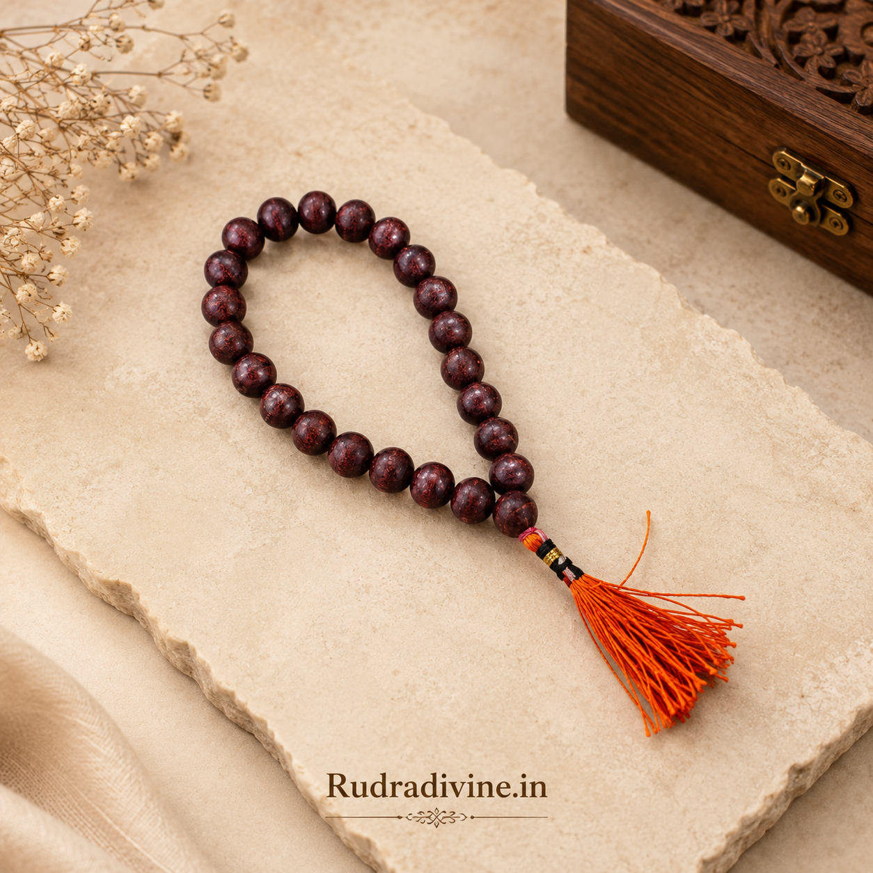 Lal Chandan (Red Sandalwood) Mala 27+1 Beads 8MM crafted from natural red sandalwood with official Lab Certificate by Rudradivine for meditation, prayer and daily spiritual practice.