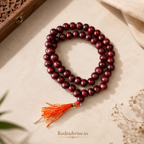 Lal Chandan (Red Sandalwood) Mala 54+1 Beads 8MM crafted from natural red sandalwood with official Lab Certificate by Rudradivine for meditation, prayer and daily spiritual practice.