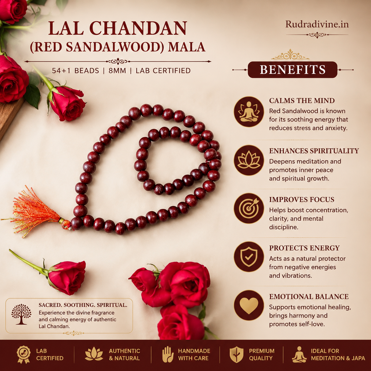 Lal Chandan (Red Sandalwood) Mala 54+1 Beads 8MM crafted from natural red sandalwood with official Lab Certificate by Rudradivine for meditation, prayer and daily spiritual practice.
