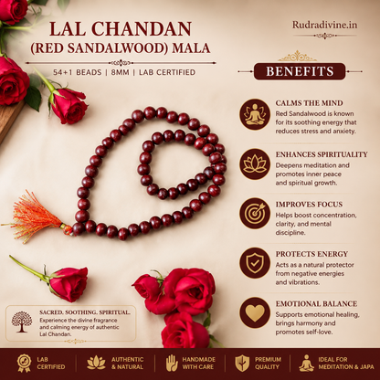 Lal Chandan (Red Sandalwood) Mala 54+1 Beads 8MM crafted from natural red sandalwood with official Lab Certificate by Rudradivine for meditation, prayer and daily spiritual practice.