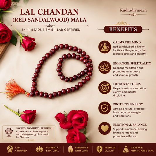 Lal Chandan (Red Sandalwood) Mala 54+1 Beads 8MM crafted from natural red sandalwood with official Lab Certificate by Rudradivine for meditation, prayer and daily spiritual practice.