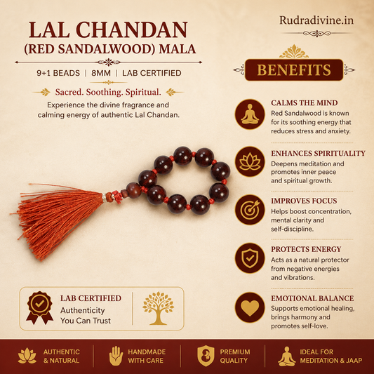 Lal Chandan (Red Sandalwood) Mala 9+1 Beads 8MM crafted from natural red sandalwood with official Lab Certificate by Rudradivine for meditation, prayer and daily spiritual use.