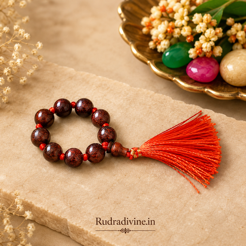 Lal Chandan (Red Sandalwood) Mala 9+1 Beads 8MM crafted from natural red sandalwood with official Lab Certificate by Rudradivine for meditation, prayer and daily spiritual use.
