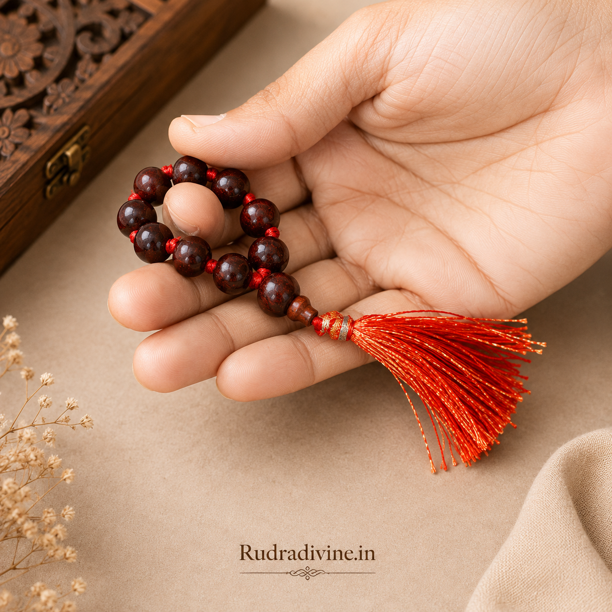 Lal Chandan (Red Sandalwood) Mala 9+1 Beads 8MM crafted from natural red sandalwood with official Lab Certificate by Rudradivine for meditation, prayer and daily spiritual use.