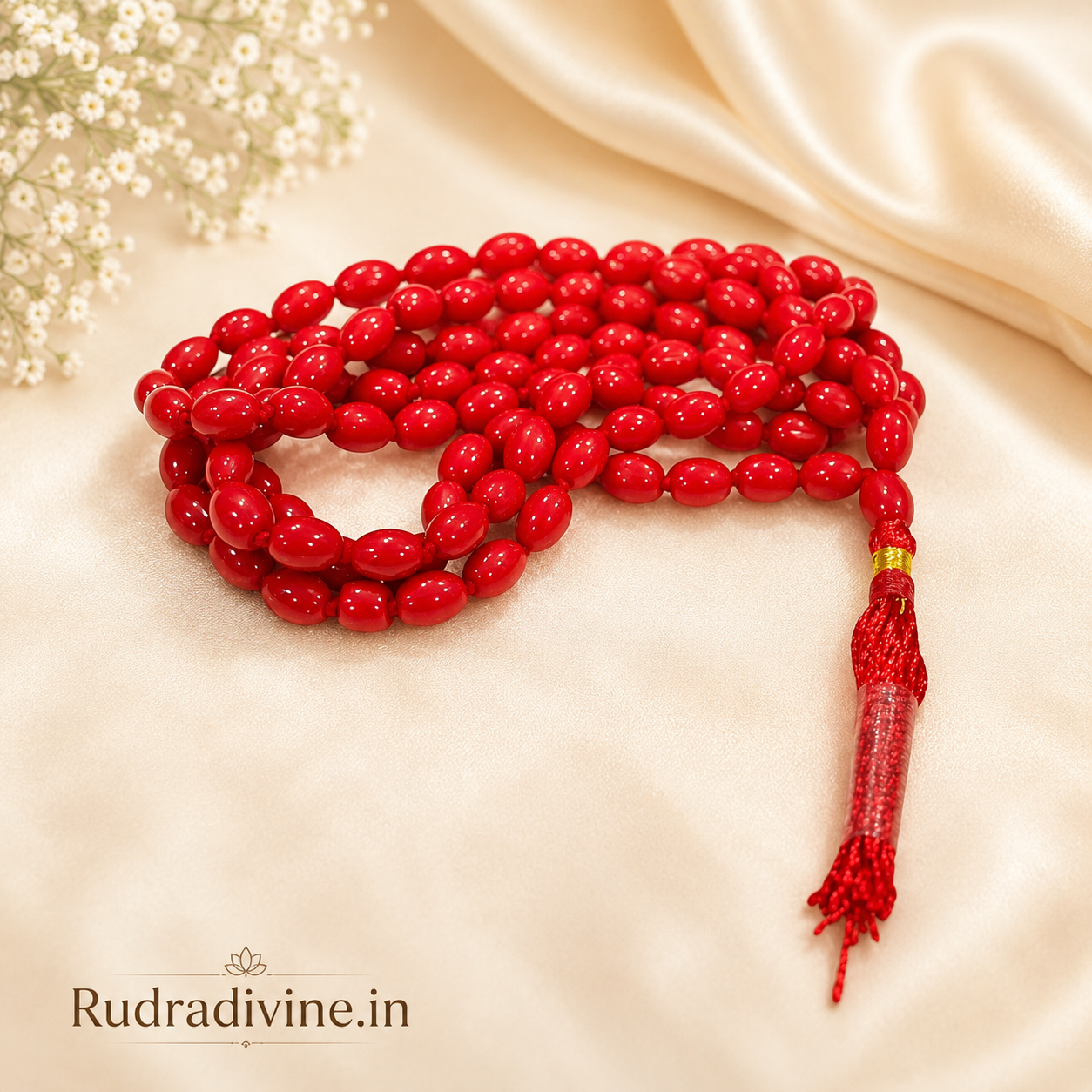 Lal Moonga (Red Coral) Mala 108+1 Oval 8MM Beads crafted from natural certified Red Coral gemstone with official Lab Certificate by Rudradivine for Mars energy, meditation and spiritual wellness.