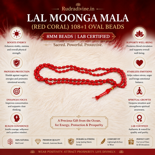 Lal Moonga (Red Coral) Mala 108+1 Oval 8MM Beads crafted from natural certified Red Coral gemstone with official Lab Certificate by Rudradivine for Mars energy, meditation and spiritual wellness.