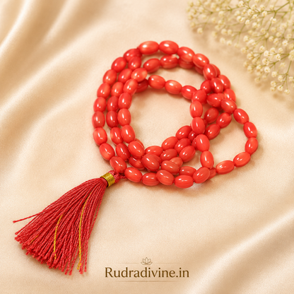 Lal Moonga (Red Coral) Mala 108+1 Oval 8MM Beads crafted from natural certified Red Coral gemstone with official Lab Certificate by Rudradivine for Mars energy, meditation and spiritual wellness.