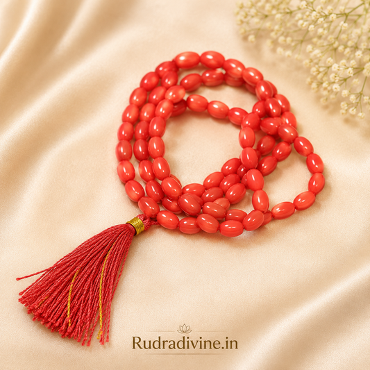 Lal Moonga (Red Coral) Mala 108+1 Oval 8MM Beads crafted from natural certified Red Coral gemstone with official Lab Certificate by Rudradivine for Mars energy, meditation and spiritual wellness.