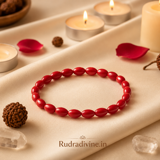 Lab Certified Lal Moonga (Red Coral) Bracelet with natural 7-8MM gemstone beads by Rudradivine for spiritual wear, confidence and Mars energy.