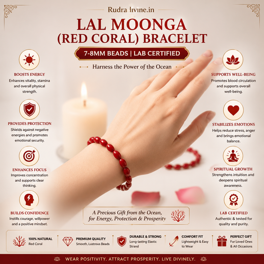 Lab Certified Lal Moonga (Red Coral) Bracelet with natural 7-8MM gemstone beads by Rudradivine for spiritual wear, confidence and Mars energy.