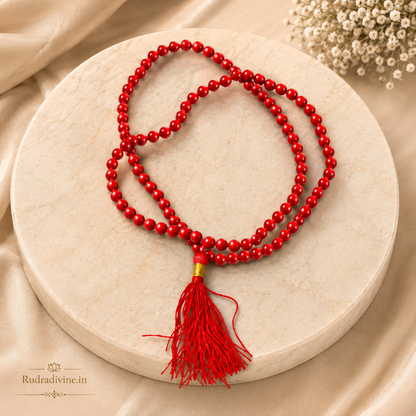 Lal Moonga (Red Coral) Mala 108+1 Beads with natural 4-5MM gemstone beads and official Lab Certificate by Rudradivine for Mars energy and spiritual meditation.