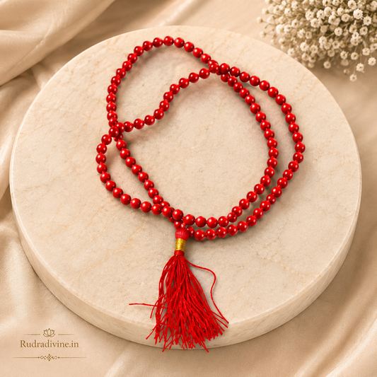 Lal Moonga (Red Coral) Mala 108+1 Beads with natural 4-5MM gemstone beads and official Lab Certificate by Rudradivine for Mars energy and spiritual meditation.