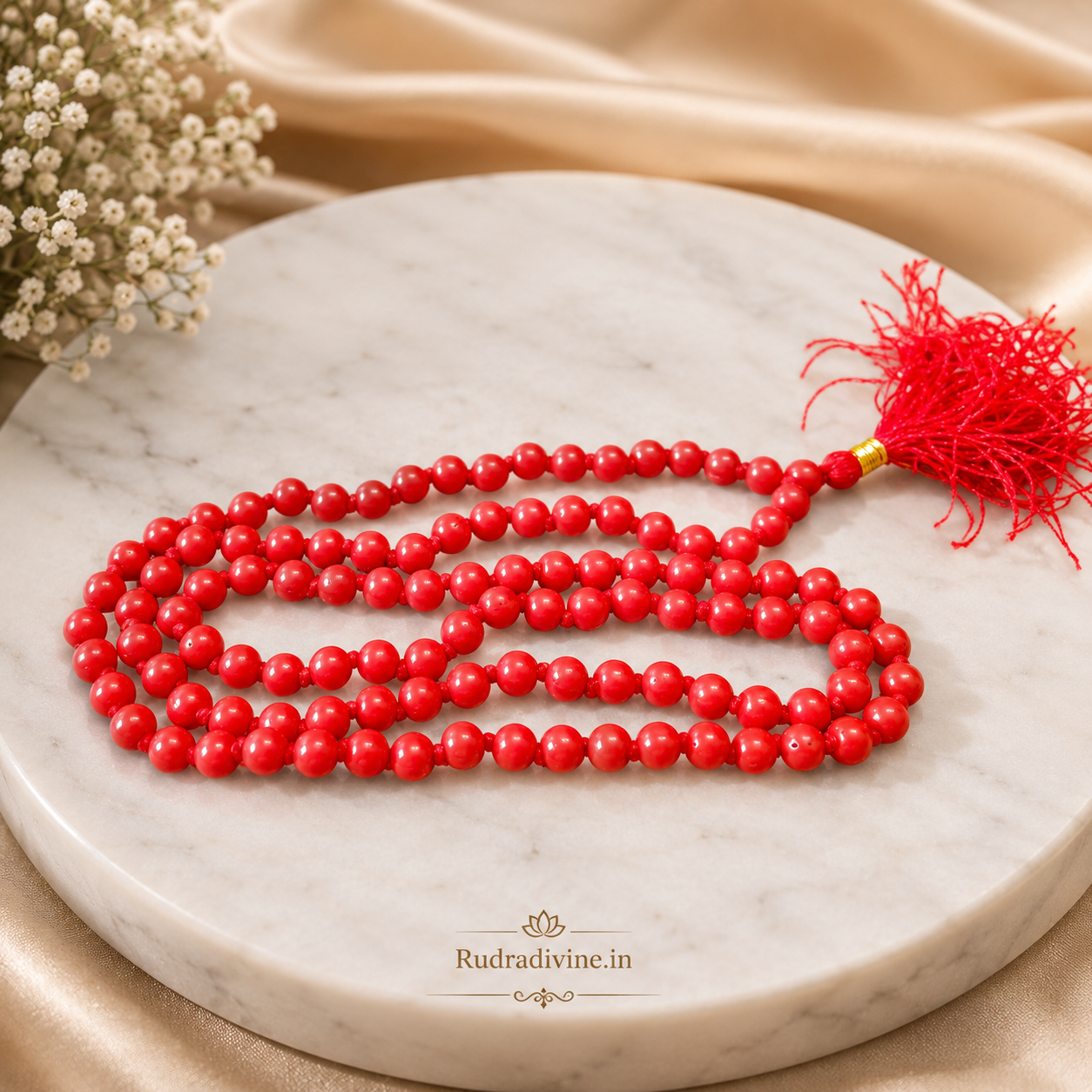 Lal Moonga (Red Coral) Mala 108+1 Beads with natural 4-5MM gemstone beads and official Lab Certificate by Rudradivine for Mars energy and spiritual meditation.