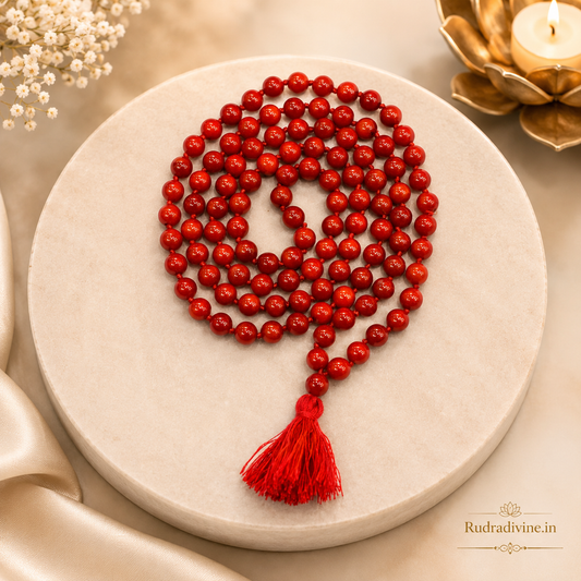 Lal Moonga (Red Coral) Mala 108+1 Beads with natural 6-7MM gemstone beads and official Lab Certificate by Rudradivine for meditation, Jaap and spiritual practices.