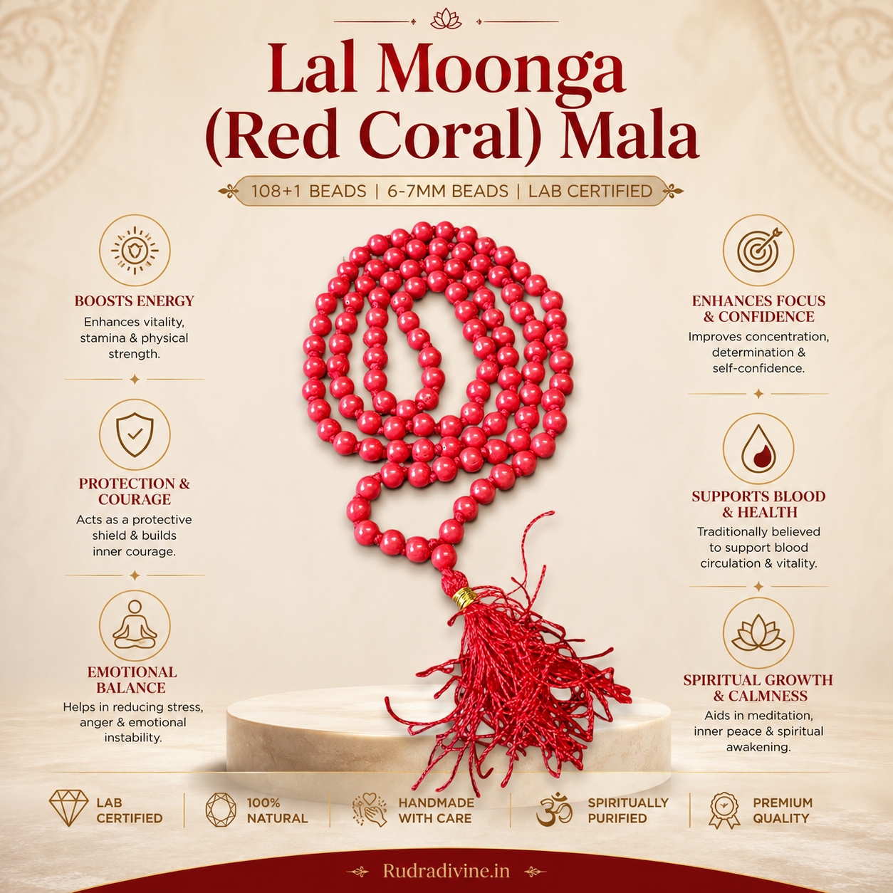 Lal Moonga (Red Coral) Mala 108+1 Beads with natural 6-7MM gemstone beads and official Lab Certificate by Rudradivine for meditation, Jaap and spiritual practices.