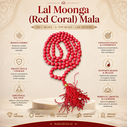 Lal Moonga (Red Coral) Mala 108+1 Beads with natural 6-7MM gemstone beads and official Lab Certificate by Rudradivine for meditation, Jaap and spiritual practices.