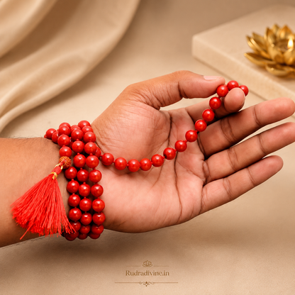 Lal Moonga (Red Coral) Mala 108+1 Beads with natural 6-7MM gemstone beads and official Lab Certificate by Rudradivine for meditation, Jaap and spiritual practices.