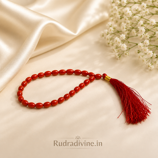 Lal Moonga (Red Coral) Mala 27+1 Oval 8MM Beads crafted from natural Red Coral with official Lab Certificate by Rudradivine for Mars energy, courage and spiritual protection.