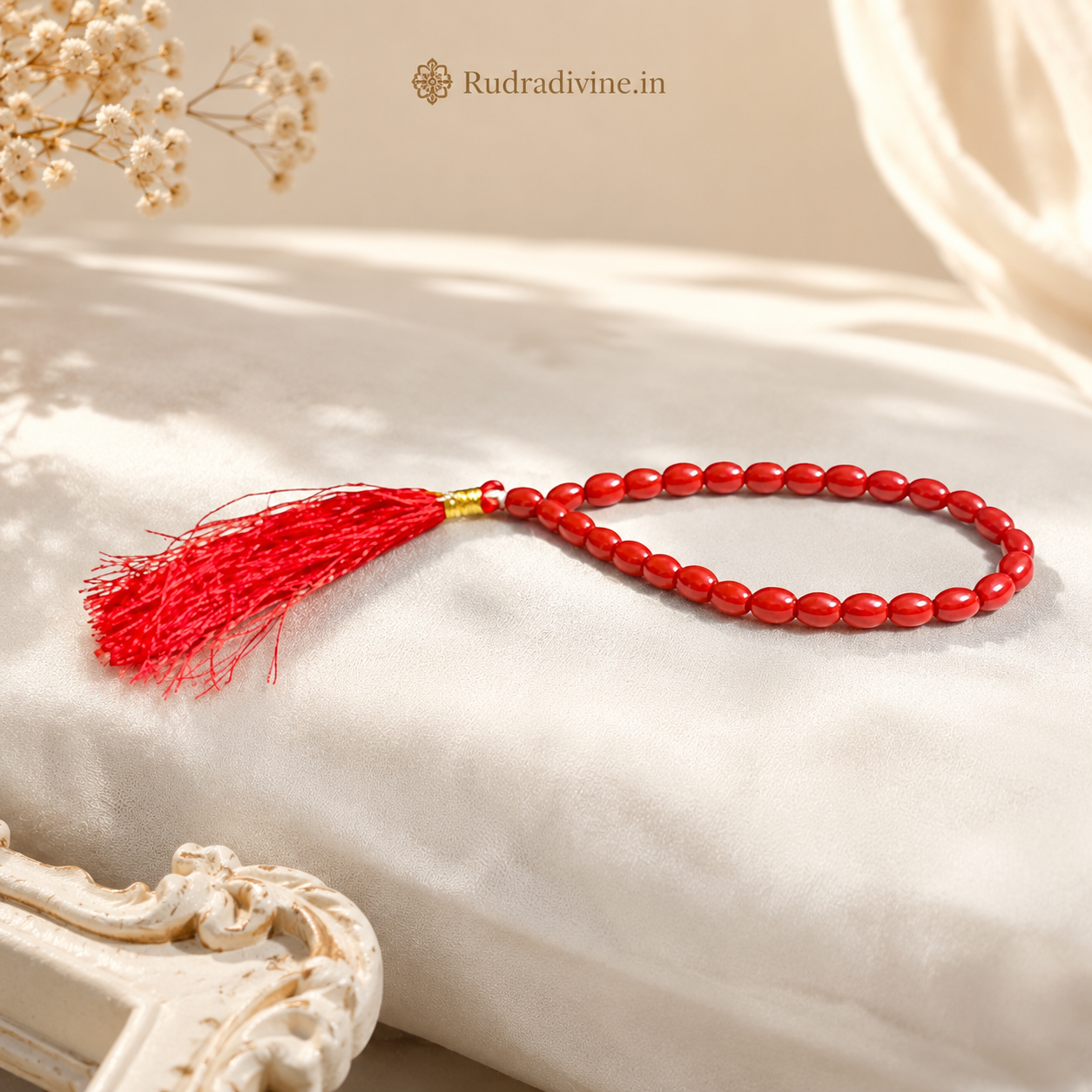 Lal Moonga (Red Coral) Mala 27+1 Oval 8MM Beads crafted from natural Red Coral with official Lab Certificate by Rudradivine for Mars energy, courage and spiritual protection.