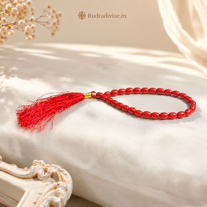 Lal Moonga (Red Coral) Mala 27+1 Oval 8MM Beads crafted from natural Red Coral with official Lab Certificate by Rudradivine for Mars energy, courage and spiritual protection.