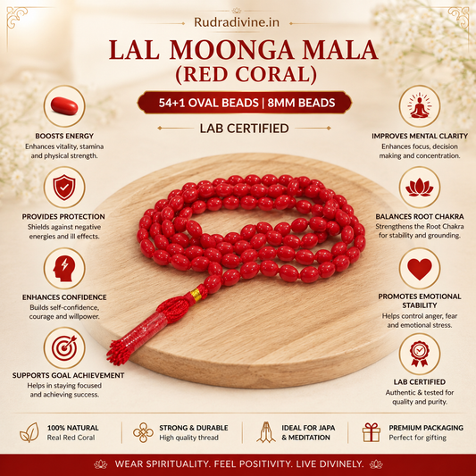 Lal Moonga (Red Coral) Mala 54+1 Oval 8MM Beads crafted from natural Red Coral with official Lab Certificate by Rudradivine for Mars energy, courage and spiritual protection.