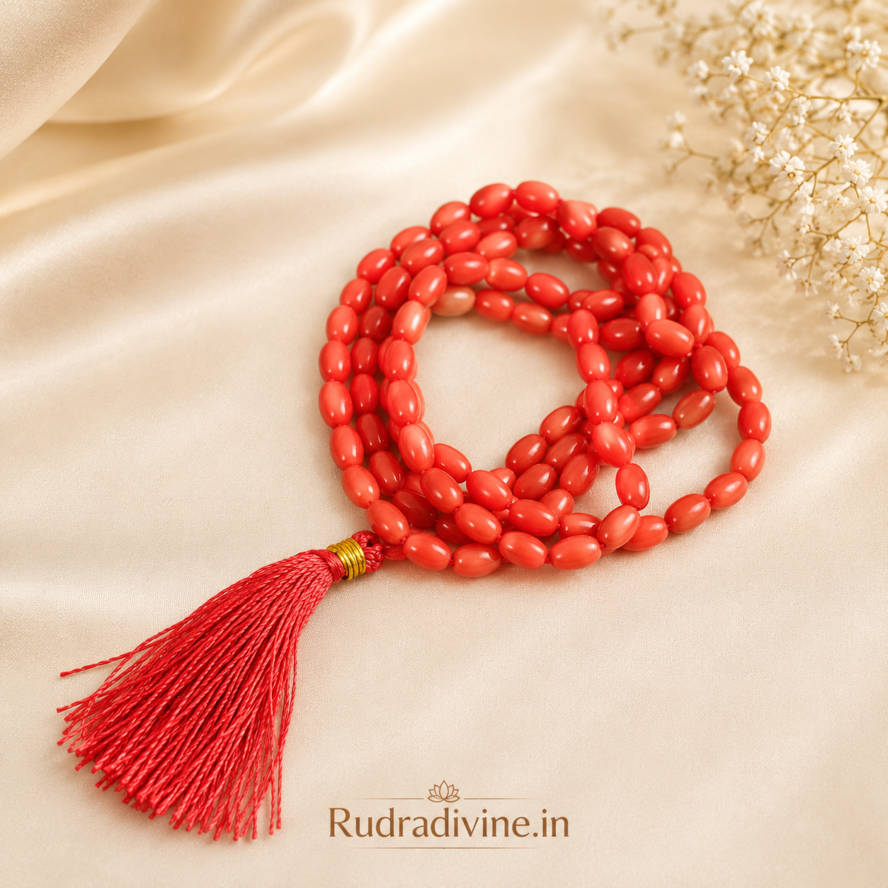 Lal Moonga (Red Coral) Mala 54+1 Oval 8MM Beads crafted from natural Red Coral with official Lab Certificate by Rudradivine for Mars energy, courage and spiritual protection.