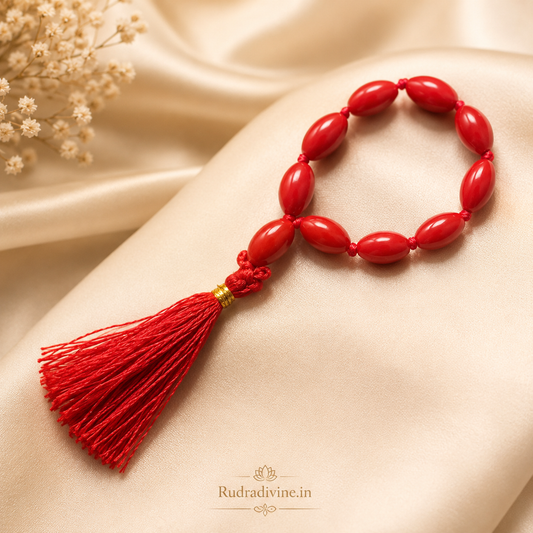 Lal Moonga (Red Coral) Mala 9+1 Oval 8MM Beads crafted from natural Red Coral with official Lab Certificate by Rudradivine for Mars energy and spiritual protection.