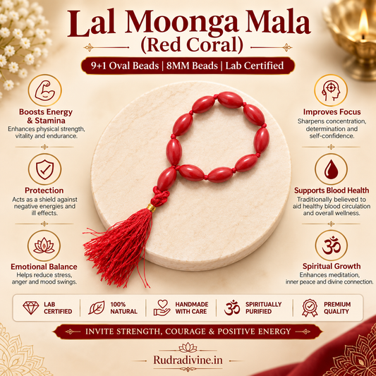 Lal Moonga (Red Coral) Mala 9+1 Oval 8MM Beads crafted from natural Red Coral with official Lab Certificate by Rudradivine for Mars energy and spiritual protection.