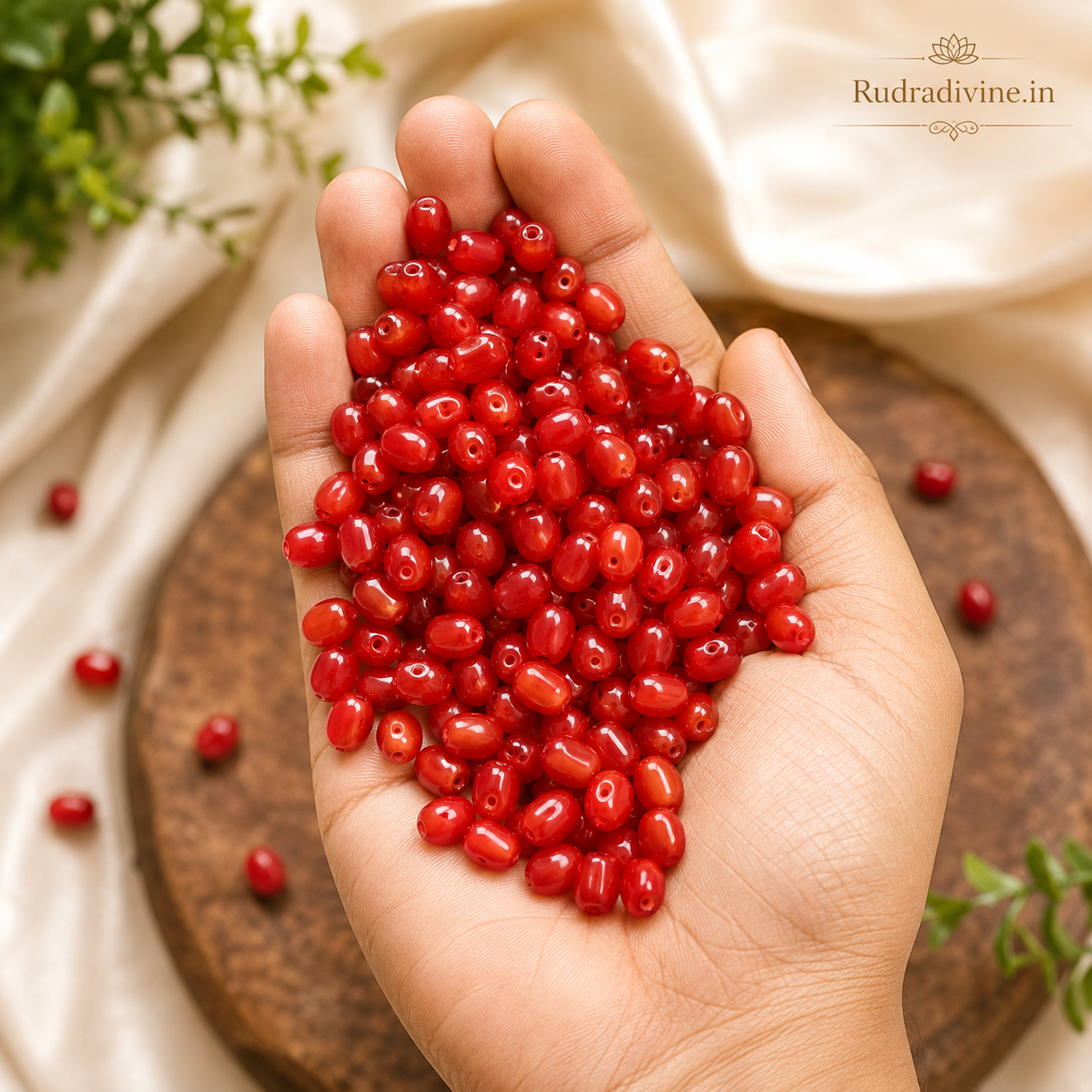Lal Moonga (Red Coral) Mala 9+1 Oval 8MM Beads crafted from natural Red Coral with official Lab Certificate by Rudradivine for Mars energy and spiritual protection.
