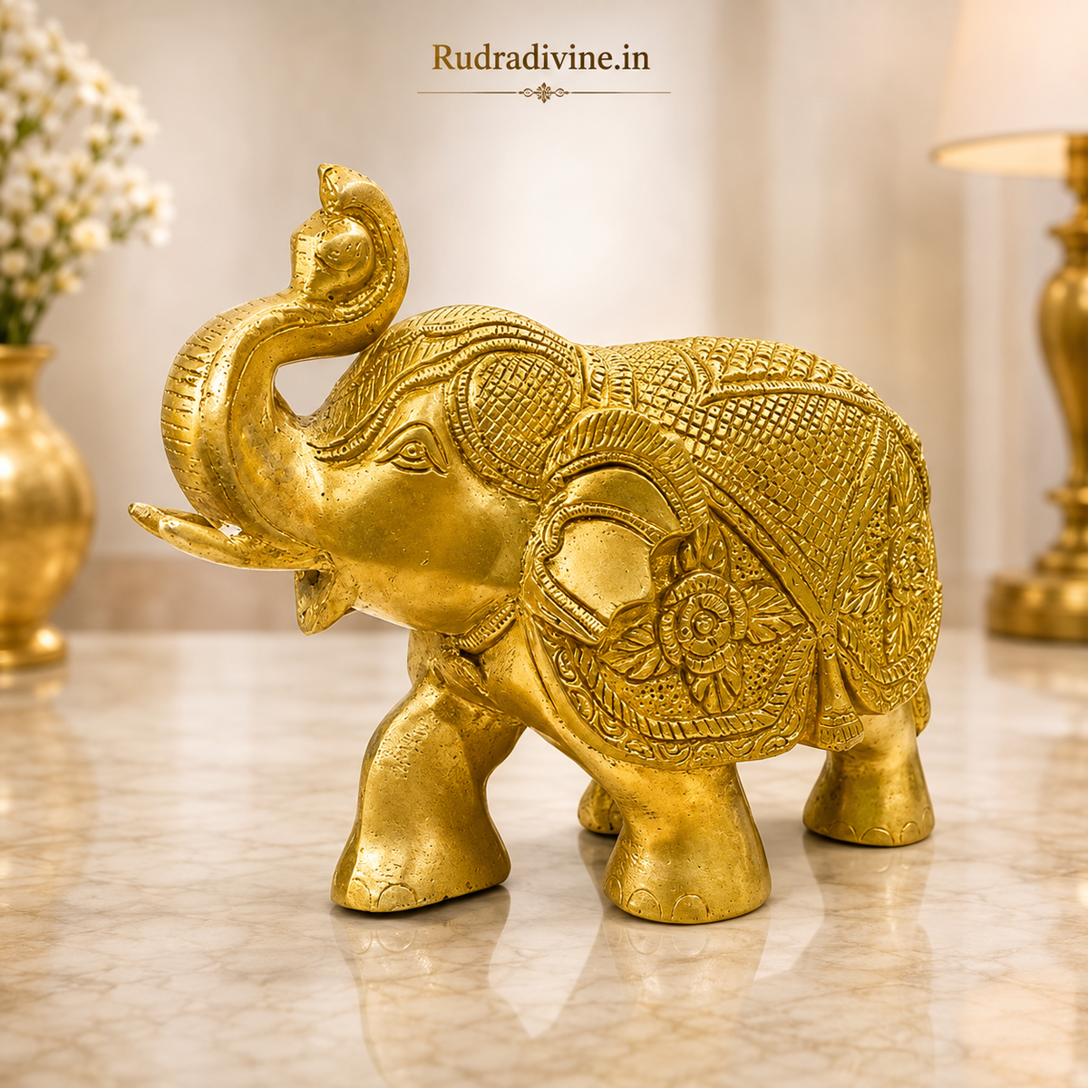 Large Brass Elephant Statue with official Lab Certificate by Rudradivine, premium brass office table decor for Feng Shui, Vastu, prosperity, luck and success.