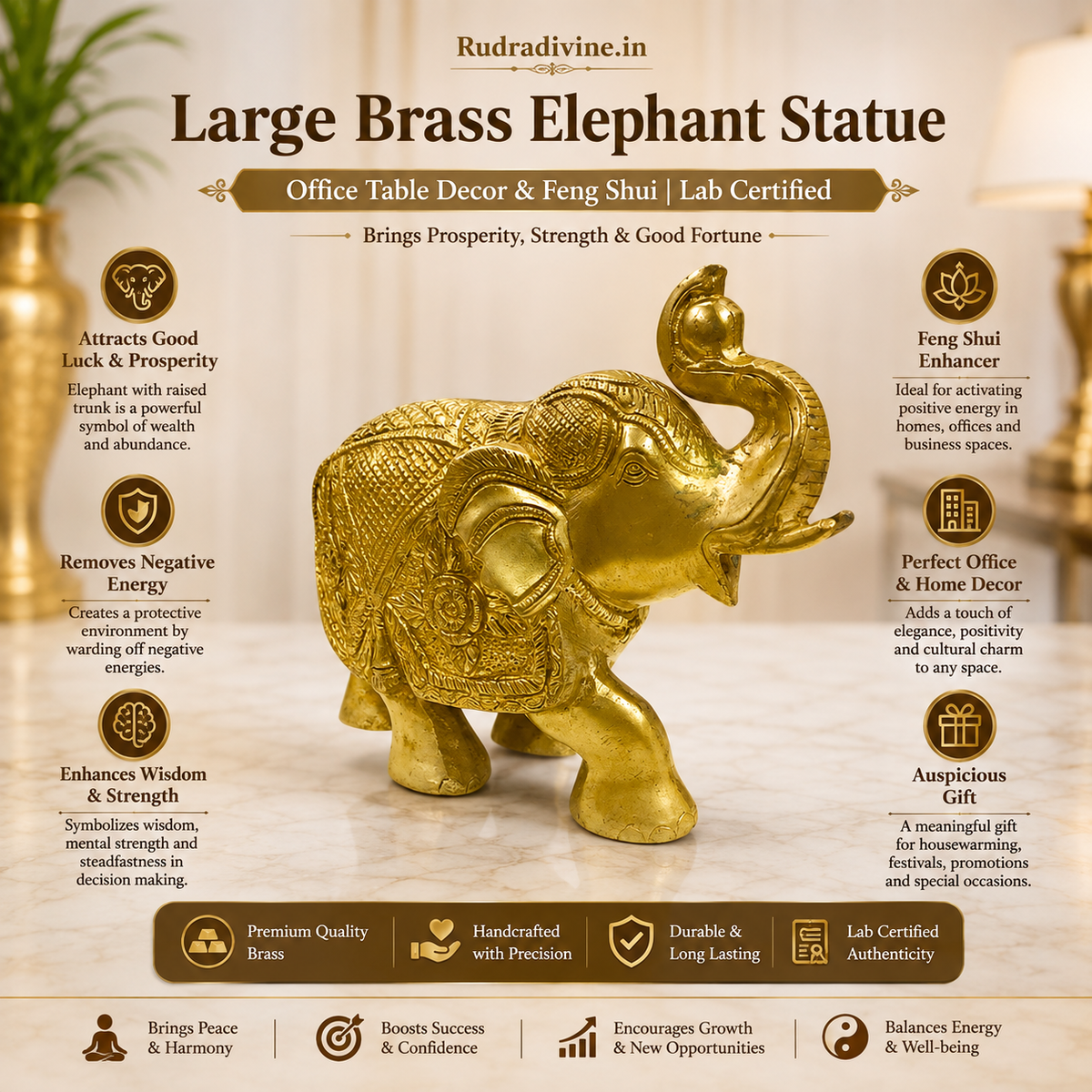 Large Brass Elephant Statue with official Lab Certificate by Rudradivine, premium brass office table decor for Feng Shui, Vastu, prosperity, luck and success.