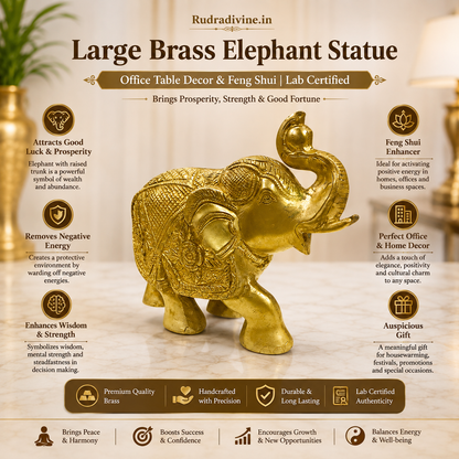 Large Brass Elephant Statue with official Lab Certificate by Rudradivine, premium brass office table decor for Feng Shui, Vastu, prosperity, luck and success.