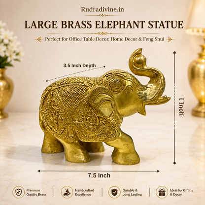 Large Brass Elephant Statue with official Lab Certificate by Rudradivine, premium brass office table decor for Feng Shui, Vastu, prosperity, luck and success.