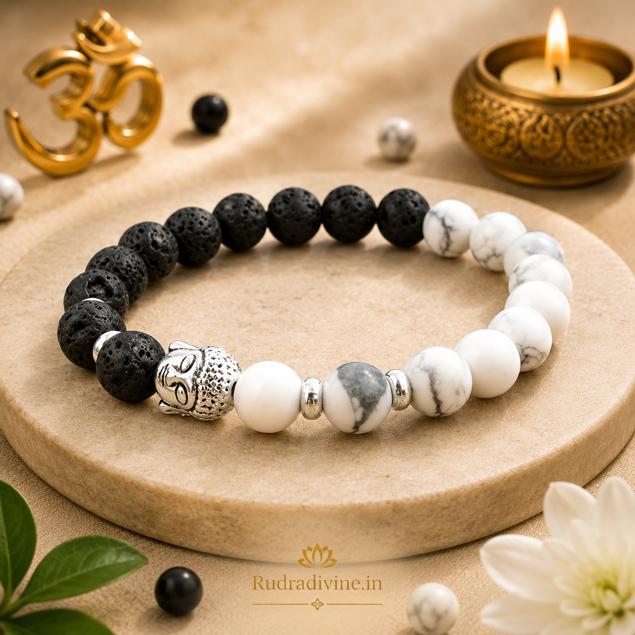 Lava Howlite Bracelet with Hamza Symbol featuring natural 8MM beads and official Lab Certificate by Rudradivine, traditionally associated with spiritual protection, grounding and calmness.