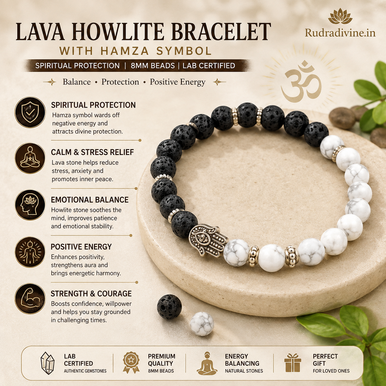 Lava Howlite Bracelet with Hamza Symbol featuring natural 8MM beads and official Lab Certificate by Rudradivine, traditionally associated with spiritual protection, grounding and calmness.