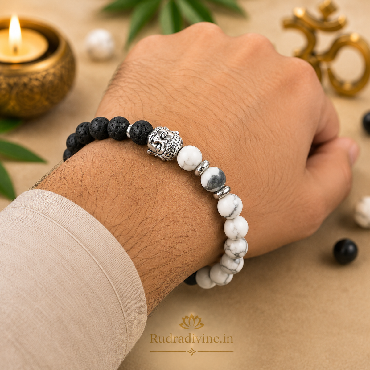Lava Howlite Bracelet with Hamza Symbol featuring natural 8MM beads and official Lab Certificate by Rudradivine, traditionally associated with spiritual protection, grounding and calmness.