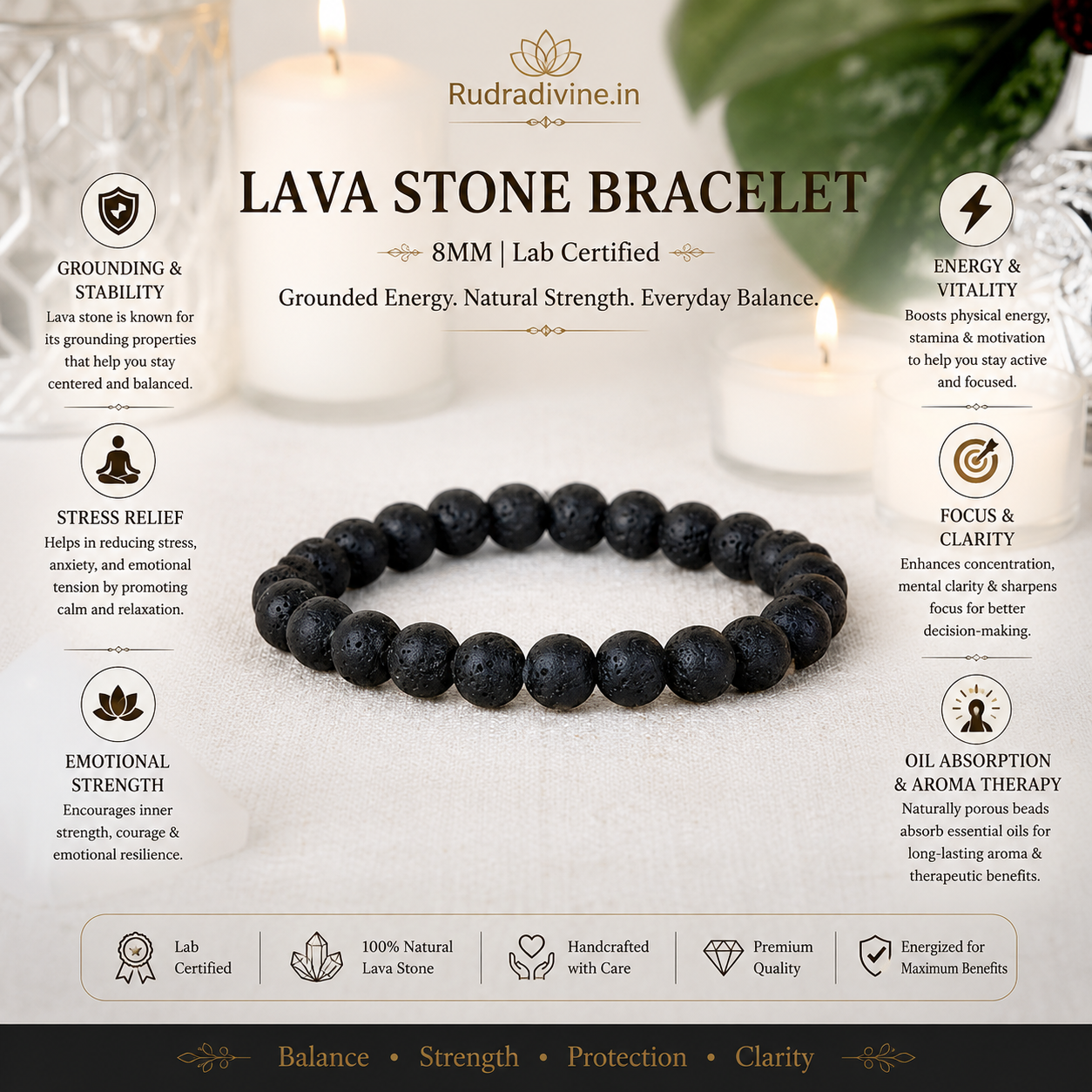 Lava Stone Bracelet 8MM crafted with natural volcanic Lava Stone beads and official Lab Certificate by Rudradivine for grounding, strength, emotional balance, meditation, and spiritual wellness.