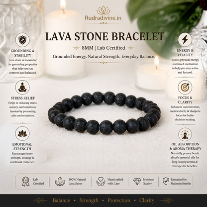 Lava Stone Bracelet 8MM crafted with natural volcanic Lava Stone beads and official Lab Certificate by Rudradivine for grounding, strength, emotional balance, meditation, and spiritual wellness.