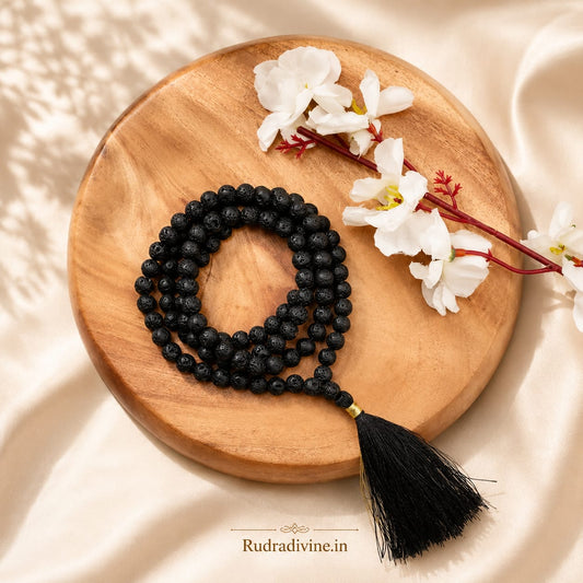 Lava Stone Mala 108+1 Beads crafted with natural 8MM volcanic lava stones and official Lab Certificate by Rudradivine for meditation, grounding and spiritual wellness.