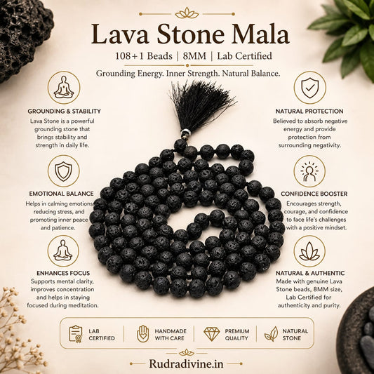 Lava Stone Mala 108+1 Beads crafted with natural 8MM volcanic lava stones and official Lab Certificate by Rudradivine for meditation, grounding and spiritual wellness.
