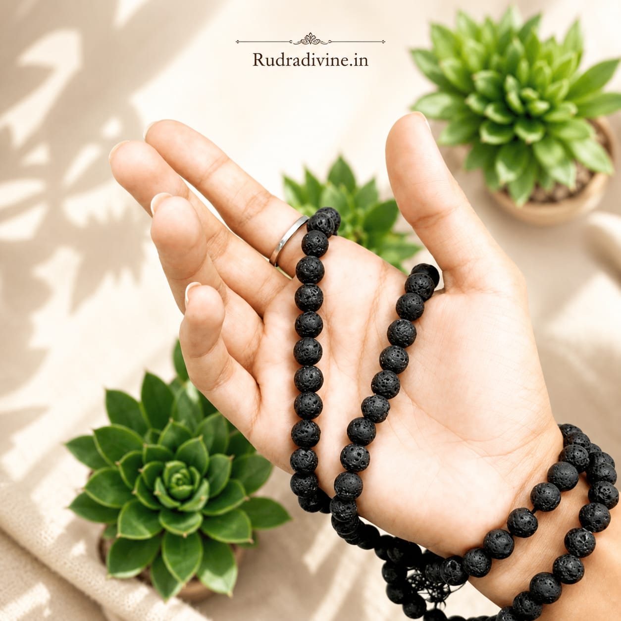 Lava Stone Mala 108+1 Beads crafted with natural 8MM volcanic lava stones and official Lab Certificate by Rudradivine for meditation, grounding and spiritual wellness.